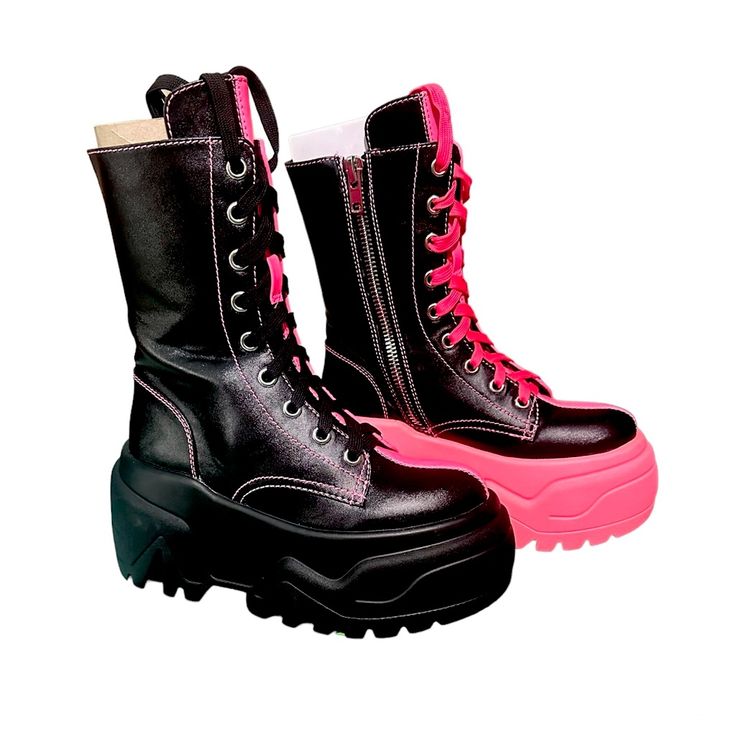 Dolls Kill Clubexx Black/Pink Combat Boots In Size 7. These Platform Boots Have A Vegan Leather Construction, A Split Design, Contrast-Colored Stitching, Front Lace Ups, And Side Zipper Closure. Brand New, Never Worn Outside, Only Tried On. Pink High Heel Platform Boots For Winter, Trendy Pink Platform Party Boots, Pink Platform Boots For Winter, Casual Pink Ankle-high Platform Boots, Pink Platform Boots For Streetwear, Trendy Pink High Heel Platform Boots, Trendy High Ankle Pink Boots, Casual Pink High Heel Platform Boots, Trendy Pink High Ankle Boots