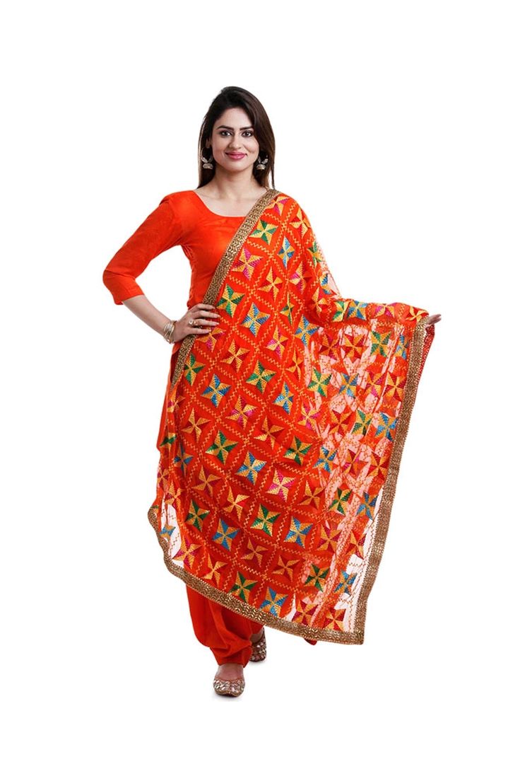 Elevate your wardrobe with our exquisite Phulkari Embroidery dupatta. Made from delicate chiffon silk, this timeless accessory boasts beautiful, multicolored phulkari embroidery that adds a touch of luxury to any outfit. Perfect for pairing with a salwar suit, lehenga, or dress, it is both stylish and practical. ​Fabric: Semi Chiffon Silk Condition: New Machine work phulkari embroidery Gold border lace Pattern: Geometric Large 2.3x1 meter Care: Soft Wash Dispatched in 1-3 business days Designer Red Mirror Work Dupatta, Bollywood Style Multicolor Georgette Anarkali Set, Multicolor Anarkali Georgette Set For Diwali, Red Silk Dupatta With Mirror Work, Orange Resham Embroidery Dupatta, Red Silk Churidar With Sheer Dupatta, Orange Georgette Salwar Kameez With Zari Work, Designer Red Dupatta With Dori Work, Festive Multicolor Georgette Anarkali Set