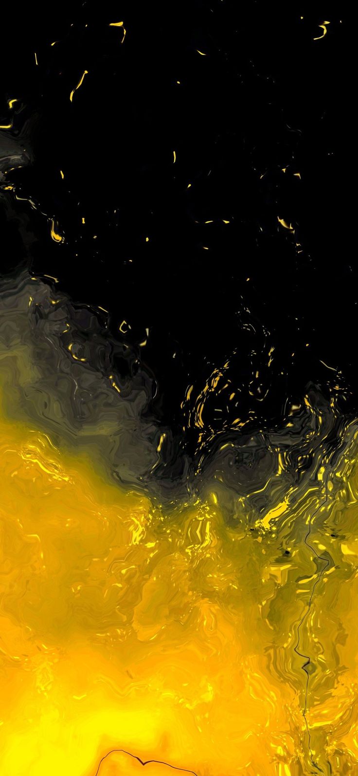 an abstract painting with yellow and black colors in the water, as seen from above