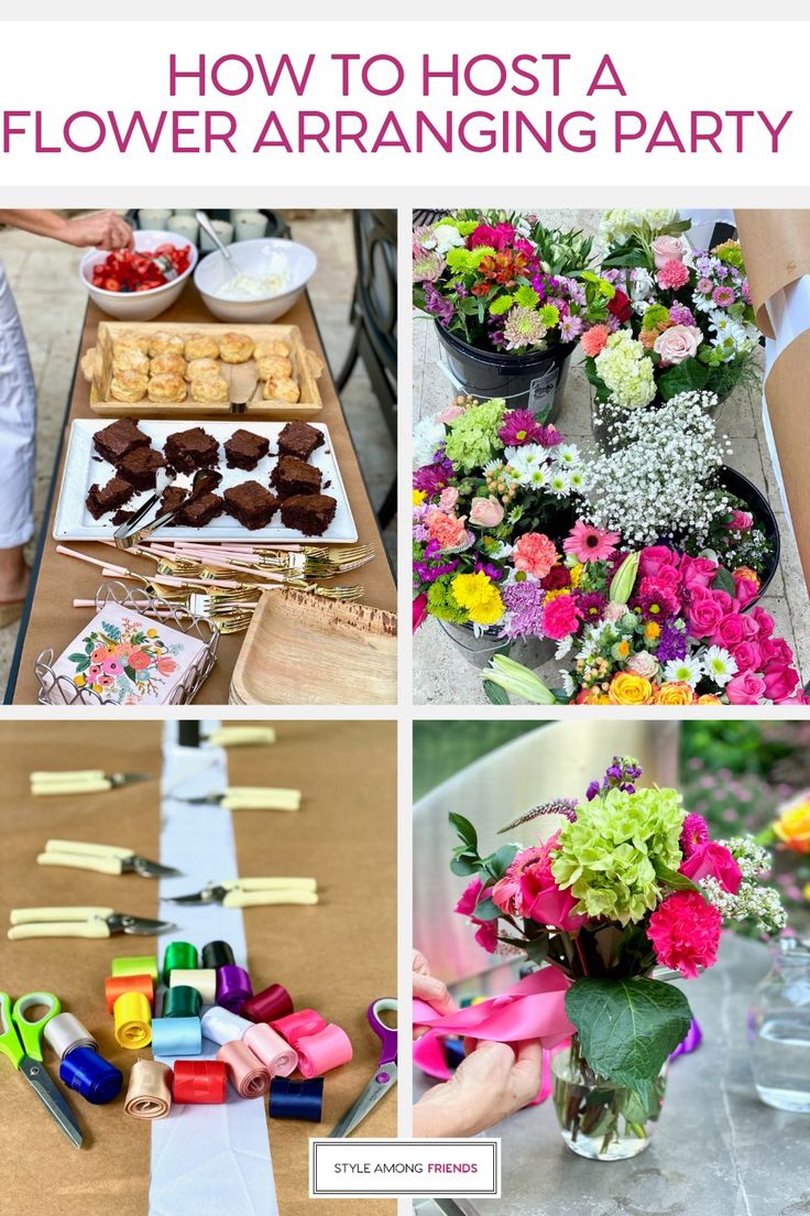 several pictures with flowers and other items on the table, including candy bars, candies, flower arranging party