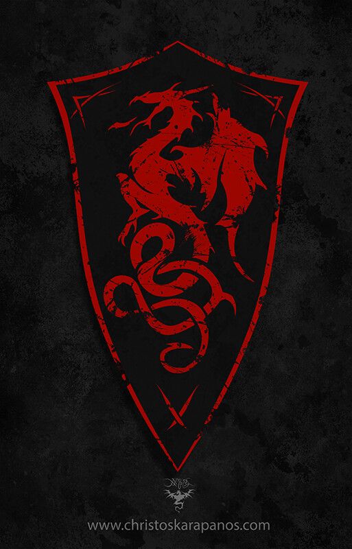 a red and black shield with a dragon on it's side, against a dark background