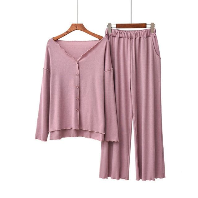 The Cardigan Pajama Set Original Pajamas ﻿is unique lightweight, cozy cotton fabric is uniquely detailed to create a luxurious casual wear you've loved for over so many years. We are passionate about fabric and textile materials and have thus created the best, most comfortable yet practical line of pajamas. This loungewear is all you need to help relax at home. They are soft and easy to touch which projects versatility and effortless grace in every step you take. Made to make you feel good, each Comfortable Cotton Long Sleeve Sets, Comfortable Long Sleeve Pink Set, Winter Sleepwear Sets In Relaxed Fit, Cotton Long Sleeve Loungewear Sets, Winter Cotton Sleepwear For Lounging, Cozy Cotton Sleepwear For Home, Cotton Sleepwear Matching Set With Long Sleeves, Cotton Pajama Party Sets For Winter, Cotton Pajama Sets For Winter Pajama Party