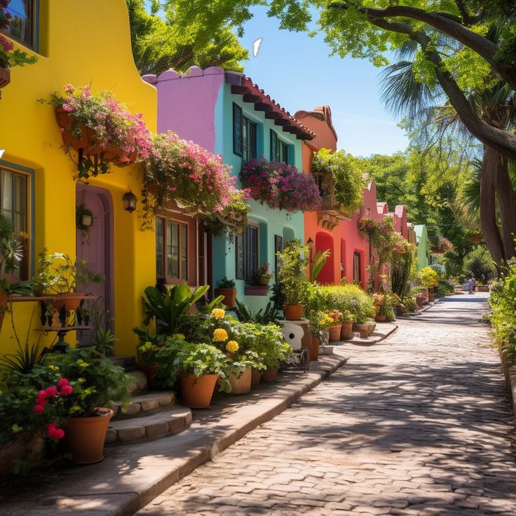 a street lined with potted plants next to colorful houses on either side of the road