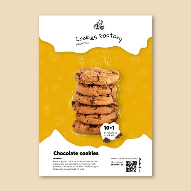 a flyer for cookies factory with a stack of cookies on the front and back side