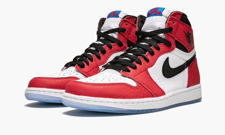 The Spider-Man x Air Jordan 1 “Origin Story” is a special edition of Michael Jordan's first signature shoe that celebrates the 2018 release of the Marvel movie “Spider-Man: Into the Spider-Verse.” Using the blueprint of the original “Chicago” colorway that is worn by the character Miles Morales in the film, the design features a white and and red leather upper with a few modifications inspired by Spider-Man. The red leather panels on the upper feature a tonal dot print that is also reflective, r Nike X Travis Scott, Jordan Ones, Origin Story, Exclusive Sneakers, Jordan 2, Nike Dunk High, Air Jordan 1 Retro High Og, Air Jordan 1 Retro High, Nike Shox