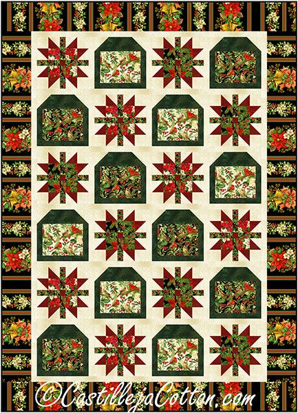 a quilted wall hanging with red and green decorations on the front, along with an image of poinsettis