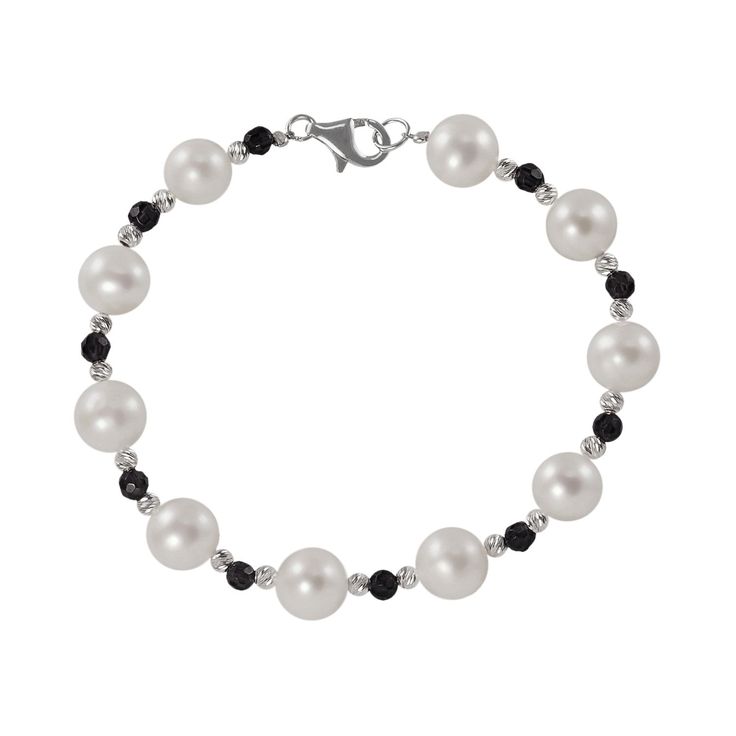 Adorn yourself with this sterling silver bracelet. Featuring faceted onyx and diamond-cut brilliance beads, this freshwater cultured pearl bracelet is a luminous addition to any look. Wear this stunning bracelet with business or evening attire.    Diamond-cut brilliance beads are coated with a tarnish-resistant finish.    Rhodium plating adds extra radiance to the sterling silver construction.    Bracelet comes in a gift box.    Details:            8-9-mm cultured pearls        7 1/2-in. bracele Elegant Faceted Beads Jewelry Bracelet, Elegant Adjustable Pearl Bracelet With Faceted Beads, Elegant Pearl Bracelet With Gemstone Beads, Silver Elegant Pearl Bracelet With Faceted Beads, Elegant Silver Pearl Bracelet With Faceted Beads, Elegant Pearl Beaded Bracelets With Faceted Beads, Elegant Beaded Bracelets With Faceted Beads, Elegant Round Faceted Beads Jewelry, Elegant Pearl Bracelet With Faceted Beads