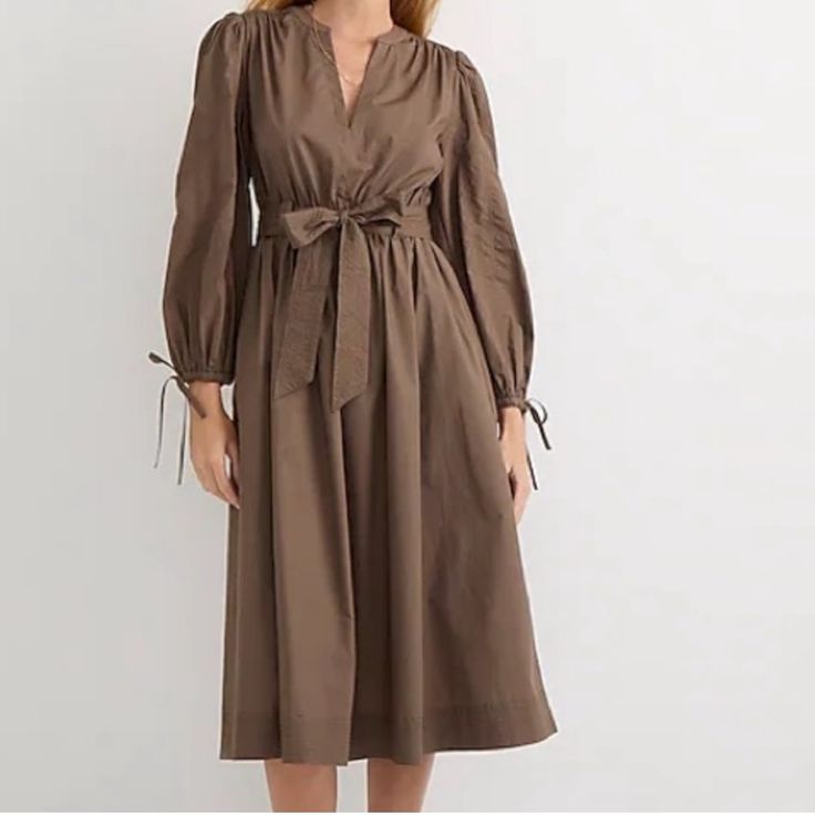 J.Crew V-Neck Dress Tie Waist And Pockets Beautiful Brown Color Elastic Tie Details At Sleeves 46.5" Long Chic Midi Dress With Notched Neckline For Brunch, Cotton V-neck Dress For Brunch, Chic Mid-length V-neck Dress For Brunch, Spring Split Neck Dress For Work, Cotton V-neck Workwear Dress, Chic Brown V-neck Dress For Spring, Spring Workwear V-neck Midi Dress, Spring V-neck Midi Dress For Workwear, V-neck Midi Dress With Tie Waist For Work