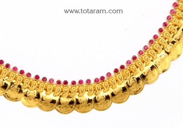 22K Gold 'Mango Lakshmi Kasu' / Kasulaperu Necklace with Red Stones - 235-GN3570 in 25.700 Grams Lakshmi Kammalu Gold, 22k Gold Temple Necklace, Red 22k Gold Temple Necklace For Celebration, 22k Gold Round Temple Necklace For Puja, Astalakshmi Necklace Gold, Lakshmi Kasula Necklace, Gajalakshmi Pendant Gold, Antique Lakshmi Necklace, Mango Mala