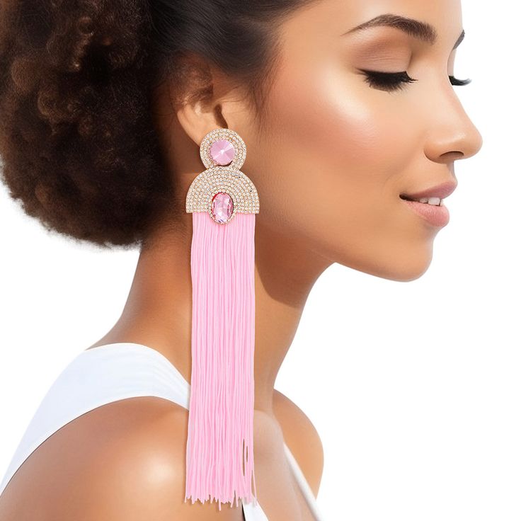 Tassel Pink Long Vintage Glam Earrings for Women Adjustable Elegant Tassel Earrings For Party, Dangle Tassel Earrings With Rhinestone Fringe, Party Beaded Fringe Earrings Adjustable, Pink Chandelier Earrings For Party, Adjustable Pink Chandelier Earrings For Parties, Pink Chandelier Party Earrings, Pink Fringe Earrings For Party, Elegant Pink Fringe Jewelry, Pink Tassel Earrings For Pierced Ears For Party