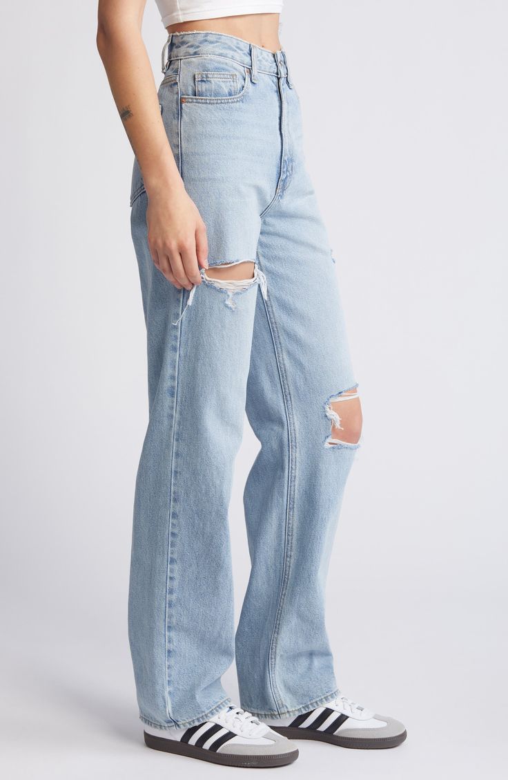 Ripped-out holes and a faded wash put a retro spin on high-waisted boyfriend jeans cut from comfortable cotton nonstretch denim. 32" inseam; 16" leg opening; 12 1/2" front rise; 16" back rise (size 29) Zip fly with button closure Five-pocket style 100% cotton Machine wash, tumble dry Imported Everyday Light Wash Distressed Flare Jeans, Casual Cutoff Flare Jeans For Everyday, Casual Everyday Flare Cutoff Jeans, Everyday Ripped Relaxed Fit Flare Jeans, Trendy Distressed Relaxed Fit Flare Jeans, Distressed Everyday Flare Jeans, Everyday Ripped Flare Jeans With Relaxed Fit, Everyday Relaxed Fit Ripped Flare Jeans, Everyday Distressed Flare Jeans