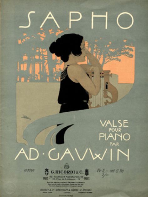 an advertisement for the spanish concert sapho, which features a woman holding a guitar