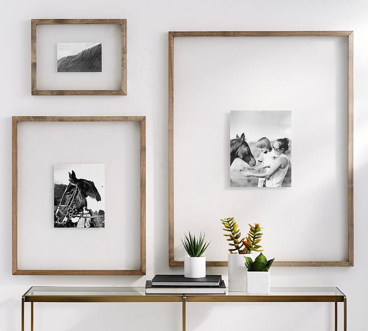 three framed photos hang on the wall above a console table with plants and vases