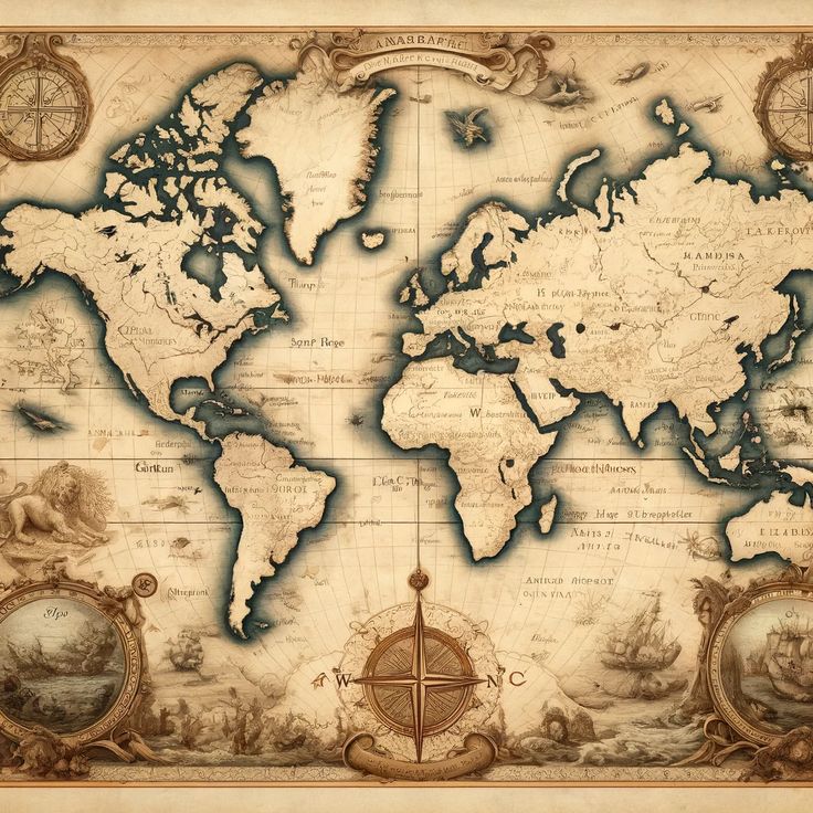 an old world map with compasss and other items on the bottom right hand corner