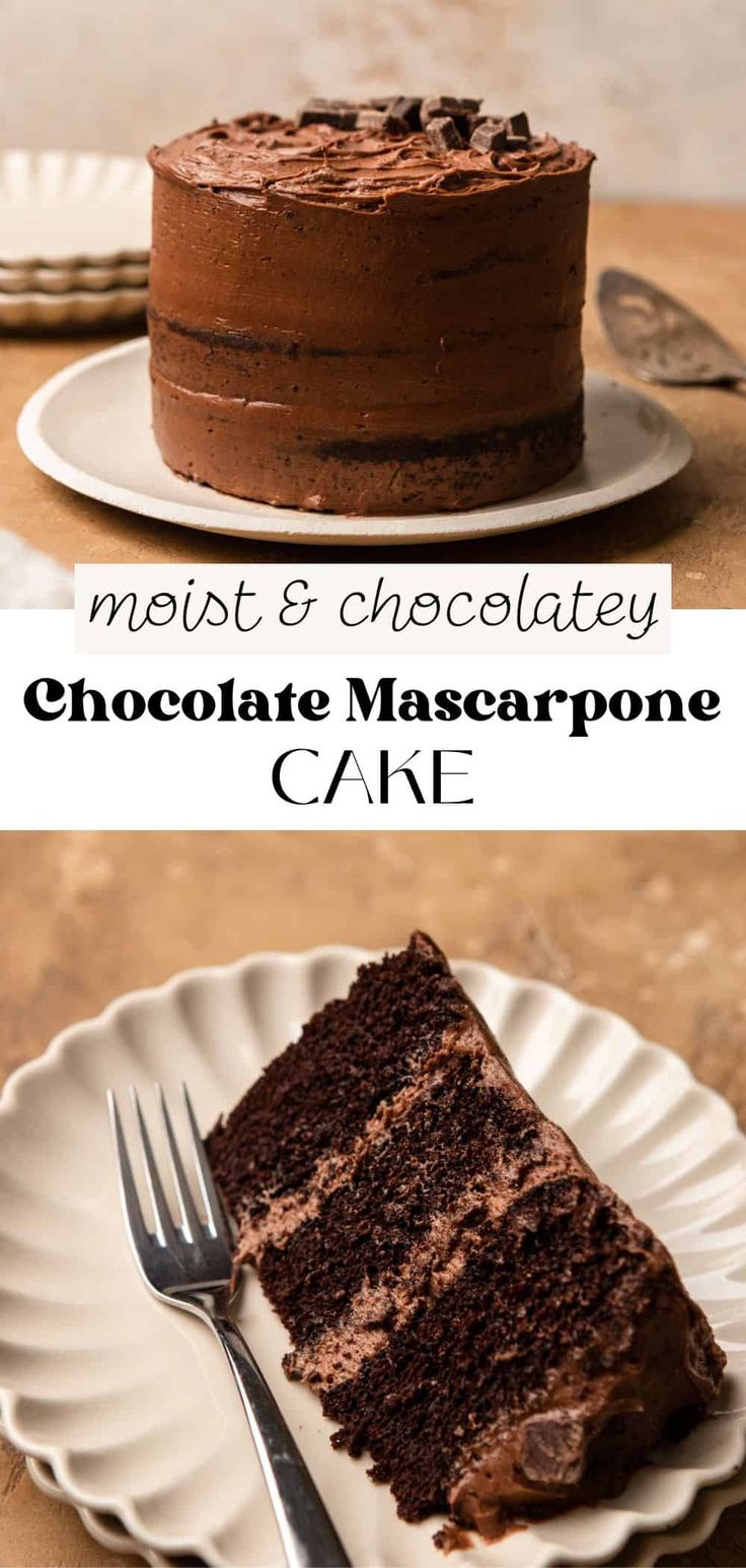 a chocolate cake on a white plate with the words, moist & chocolatey chocolate mascarpone cake