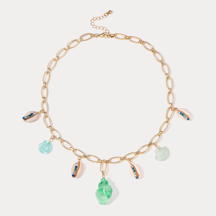 Indulge in the magic of the ocean with our Pastel Sea Shell Necklace! This dreamy accessory features real sea shells, reminding you of carefree beach days and mermaid fantasies. The adorable pastel colors add a touch of holiday charm to any outfit, while the relaxing vibes it exudes will transport you to a peaceful fairy tale world. DETAILS Plating: 18K Gold on Alloy Materials: Alloy, Resin, Shell, Cubic Zirconia Measurements: Length: 16.9"(43cm)+Extender: 2.95"(7.5cm) Weight: 27g Beachy Strand Jewelry For Beach Party, Beach Party Beachy Strand Jewelry, Ocean-inspired Jewelry For Beach Party, Ocean-inspired Strand Jewelry For Beach Party, Ocean-inspired Jewelry For Vacation, Ocean-inspired Jewelry With Lobster Clasp For Vacation, Ocean-inspired Jewelry For Vacation With Lobster Clasp, Gold Bohemian Necklace For Beach Season, Bohemian Strand Jewelry For Beach Party