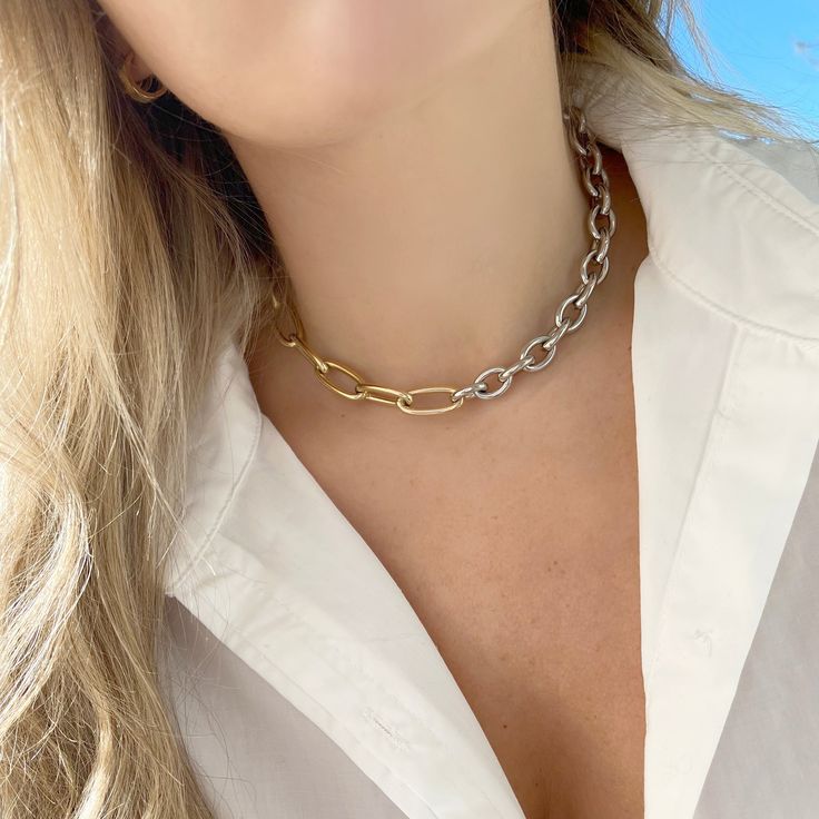 14k TWO-TONE GOLD 15 1/2" White Gold Necklace With Link Chain, White Gold Chain Necklace With Rectangular Links, Bangle Ring, Link Necklace, Earring Necklace, Yellow White, Lab Grown Diamonds, Necklaces Bracelets, Bangle Bracelets