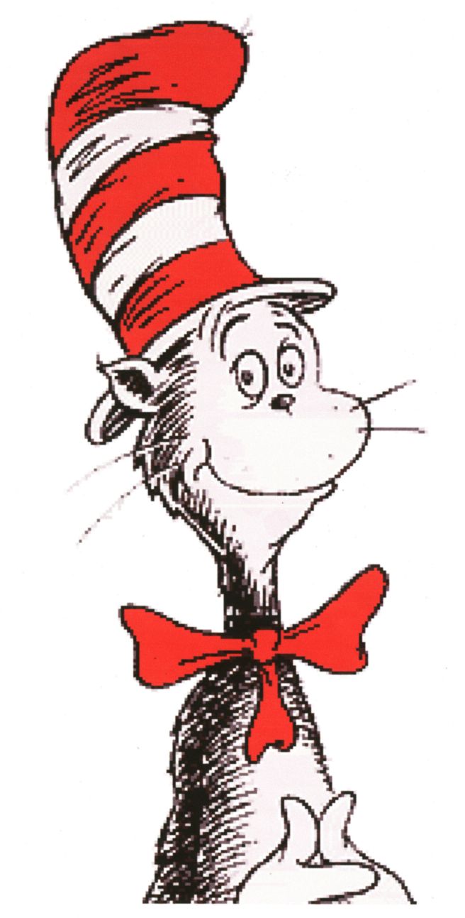 the cat in the hat is wearing a red bow