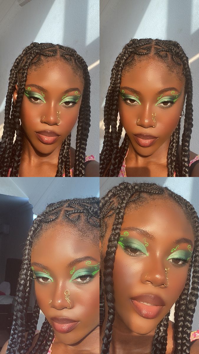 Green Graphic Liner Looks, Green Eye Looks Black Women, Dark Skin Fairy Makeup, Green Festival Makeup Looks, Green Eyeliner Black Women, Green Makeup On Black Women, Tinkerbell Inspired Makeup, Graphic Liner Black Women, Nature Makeup Looks Green