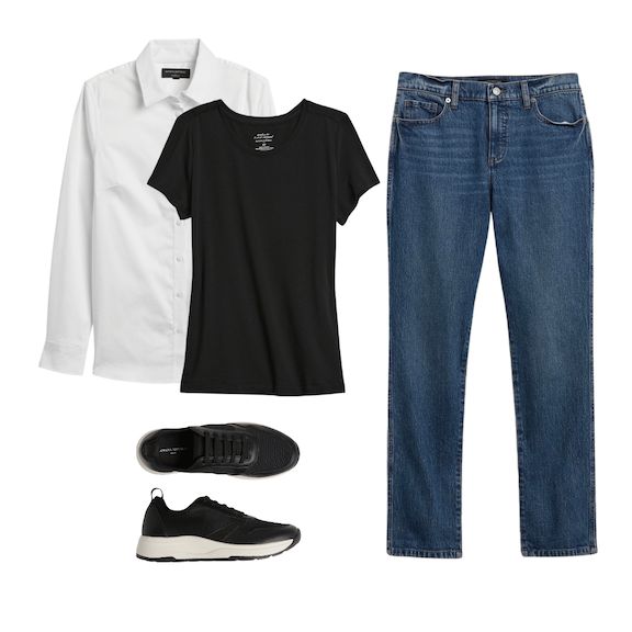 three pieces of clothing including black and white shirts, jeans, sneakers and a t - shirt