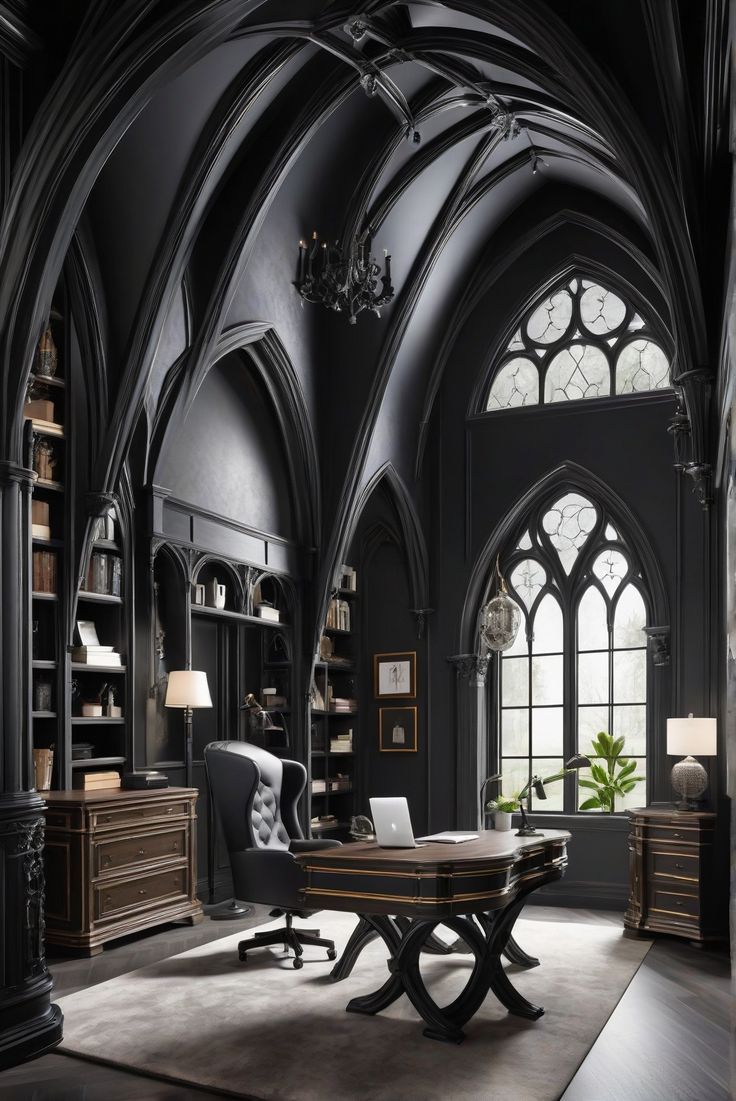 an elegant office with black walls and large arched windows in the center, along with a wooden desk surrounded by bookshelves