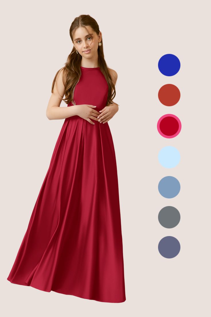 a girl in a red dress with different colors