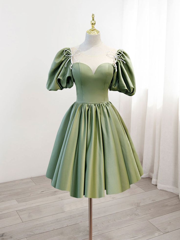 Forest Green Formal Dress Short, Knee Length Poofy Dresses, Hoco Dress Short Sleeve, Homecoming Dresses Green Short, Sage Dresses Short, Round Short Dresses, Spring Prom Dresses Short, Hoco Dresses Princess, Sage Green Sweet 16 Dresses Short