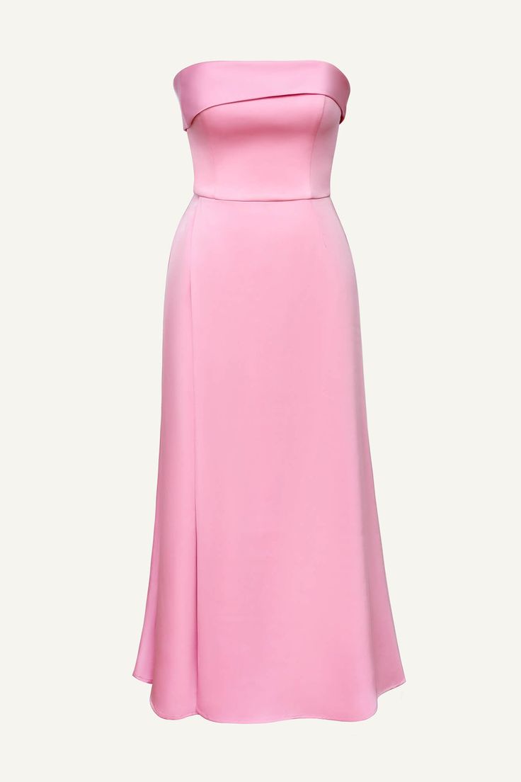 An elegant wrap dress in pink color in midi length. Its highlight is the lapel on the bodice which emphasizes the elegance of the shoulder and collarbone lines. The material of the skirt lets it flowing in motion, revealing graceful legs and emphasizing all the advantages of the bodyshape. Complete the outfit by wearing elegant sandals, contrasting gloves and a little bag . Feminine A-line Strapless Evening Dress, Pre-draped One Shoulder Pink Dress, Pink Fitted A-line Strapless Dress, Solid Color Gala Dress With Fitted Bodice, Solid Fitted Bodice Dress For Gala, Pink Midi-length Evening Dress For Gala, Pink Satin Dress With Asymmetrical Neckline, Pink Midi Length Evening Dress For Gala, Solid Evening Dresses With Fitted Bodice