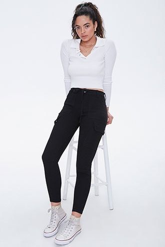 Skinny Cargo Pants Cargo Trousers Outfit, Black Pants Outfit, Forever 21 Activewear, Cargo Pants Outfit, Pants Outfit Casual, Digital Closet, Women's Bottoms, Black Cargo Pants, Distressed Boyfriend Jeans