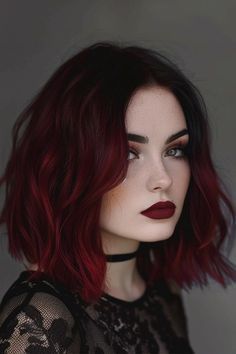 Smokey Red Hair, Dark Hair Color Ideas For Black Hair, 2024 Haircolors, Red Hair Strands, Red To Black Hair, Red Hair Black Roots, Black And Red Hair Short, Dark Red And Black Hair, Rich Dark Hair