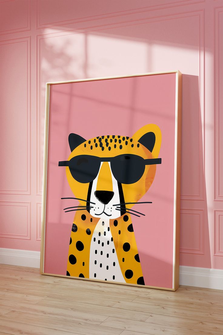 a painting of a leopard wearing sunglasses on a pink wall in a room with hardwood floors