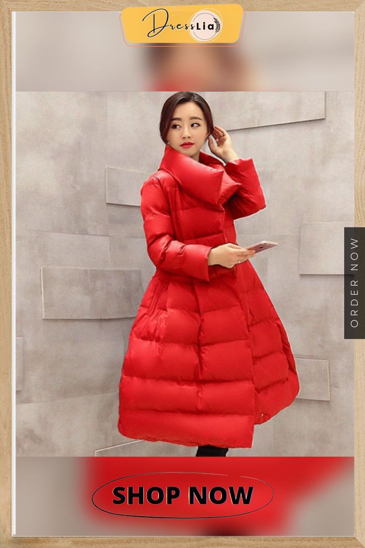 New Women Winter Down Jackets Warm Long Slim Coat and Jacket Female Big Swing Women Snow Outwear Red Outerwear With Stand Collar For Fall, Red Stand Collar Outerwear For Fall, Solid Long Sleeve Outerwear For Winter, Solid Color Long Sleeve Outerwear For Winter, Red Long Sleeve Winter Outerwear, Spring Cold Weather Outerwear With Padded Collar, Fitted Solid Color Winter Outerwear, Spring Outerwear With Padded Stand Collar, Red Long Sleeve Winter Puffer Jacket