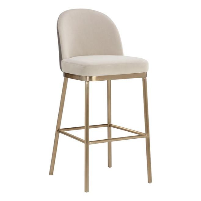 an upholstered bar stool with a gold frame and white fabric seat padding