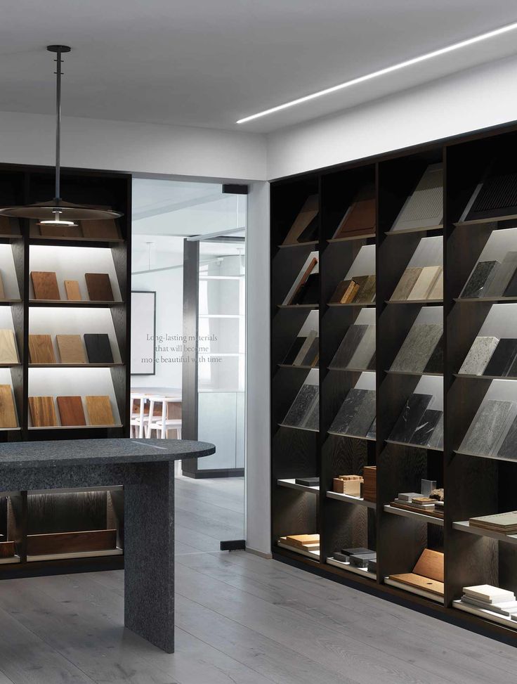 a room with many shelves filled with books