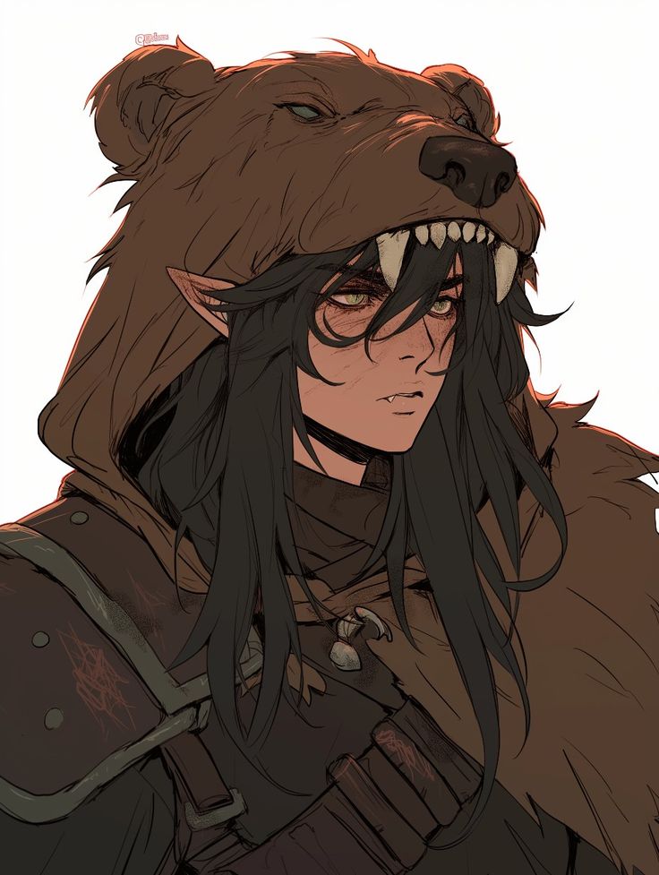 an anime character with long black hair and a bear's head on his shoulders