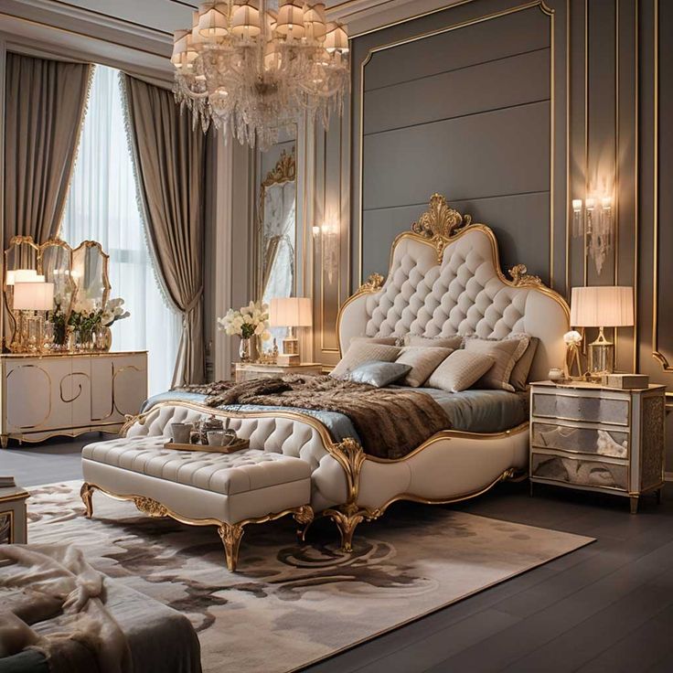 a luxurious bedroom with chandelier, bed and furniture in gold and white colors