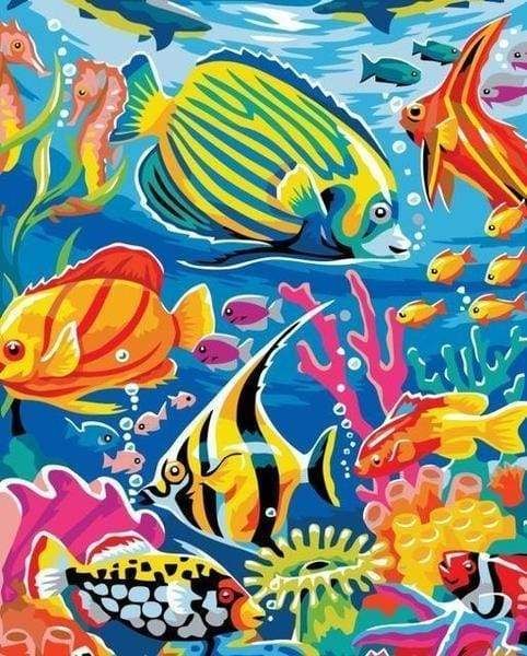 paint by numbers | Underwater World | animals fish intermediate | FiguredArt Flower Cartoon, Diy Oils, Acrylic Oil Painting, Fish Painting, Colorful Fish, Paint By Numbers, Paint By Number Kits, Painting Process, Underwater World