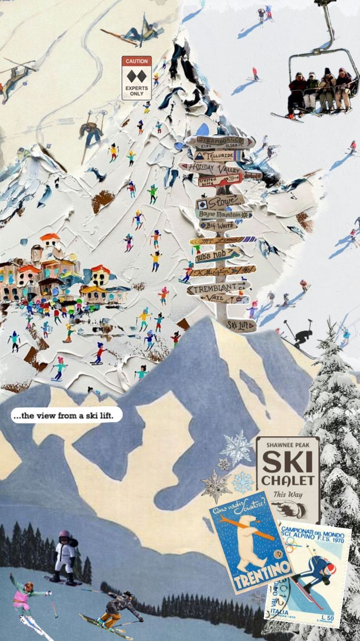 a ski resort map with skiers and snowboarders on the slopes, in front of a snowy mountain