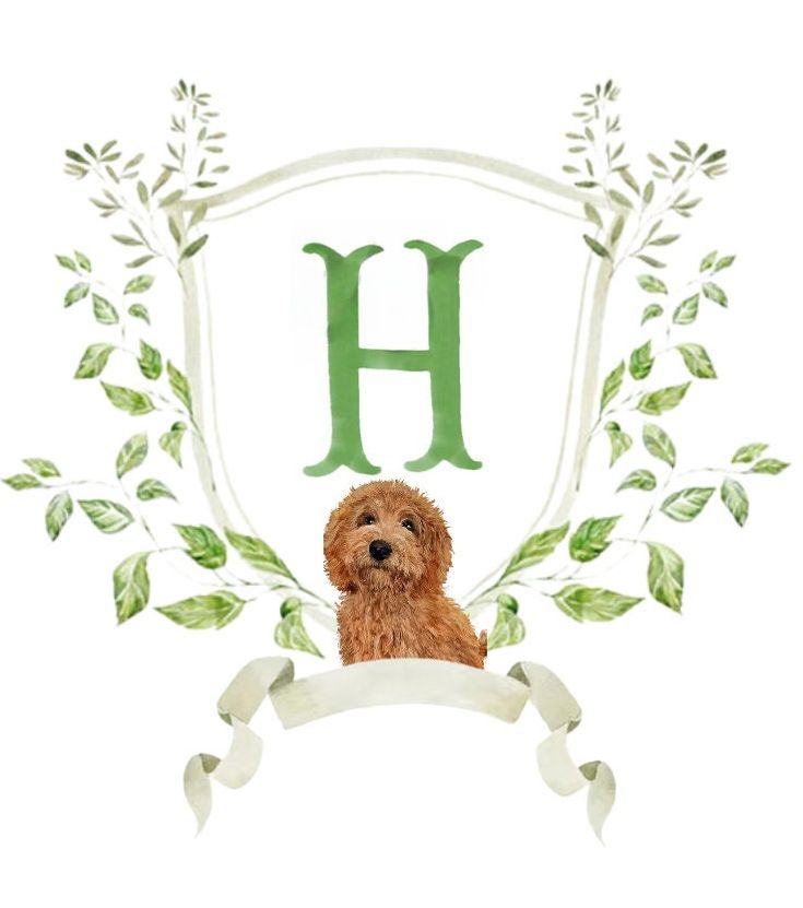 a brown dog sitting in front of a white shield with the letter h on it