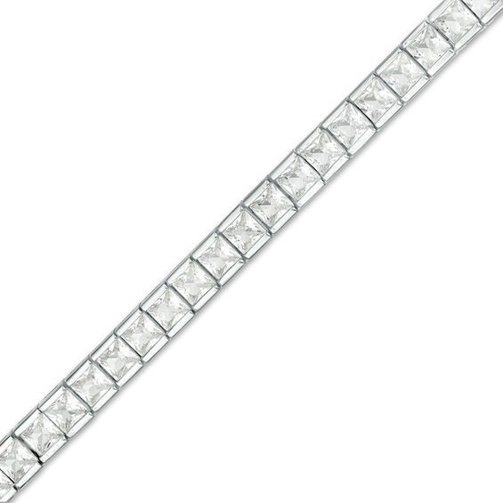 Princess-Cut Lab-Created White Sapphire Channel-Set Tennis Bracelet in Sterling Silver - 7.25" Elegant Rectangular Brilliant Cut Tennis Bracelet, Formal White Gold Tennis Bracelet With Rectangular Shape, Formal Rectangular Diamond Tennis Bracelet, Formal White Gold Rectangular Tennis Bracelet, White Gold Rectangular Tennis Bracelet For Anniversary, Fine Jewelry Cubic Zirconia Tennis Bracelet Channel Set, Formal Diamond Tennis Bracelet Channel Set, Classic Rectangular Tennis Bracelet For Weddings, Classic Rectangular Cubic Zirconia Diamond Bracelet