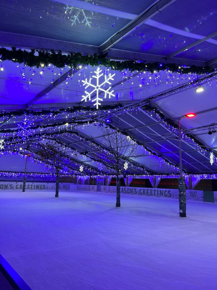 an indoor skating rink with lights and snowflakes