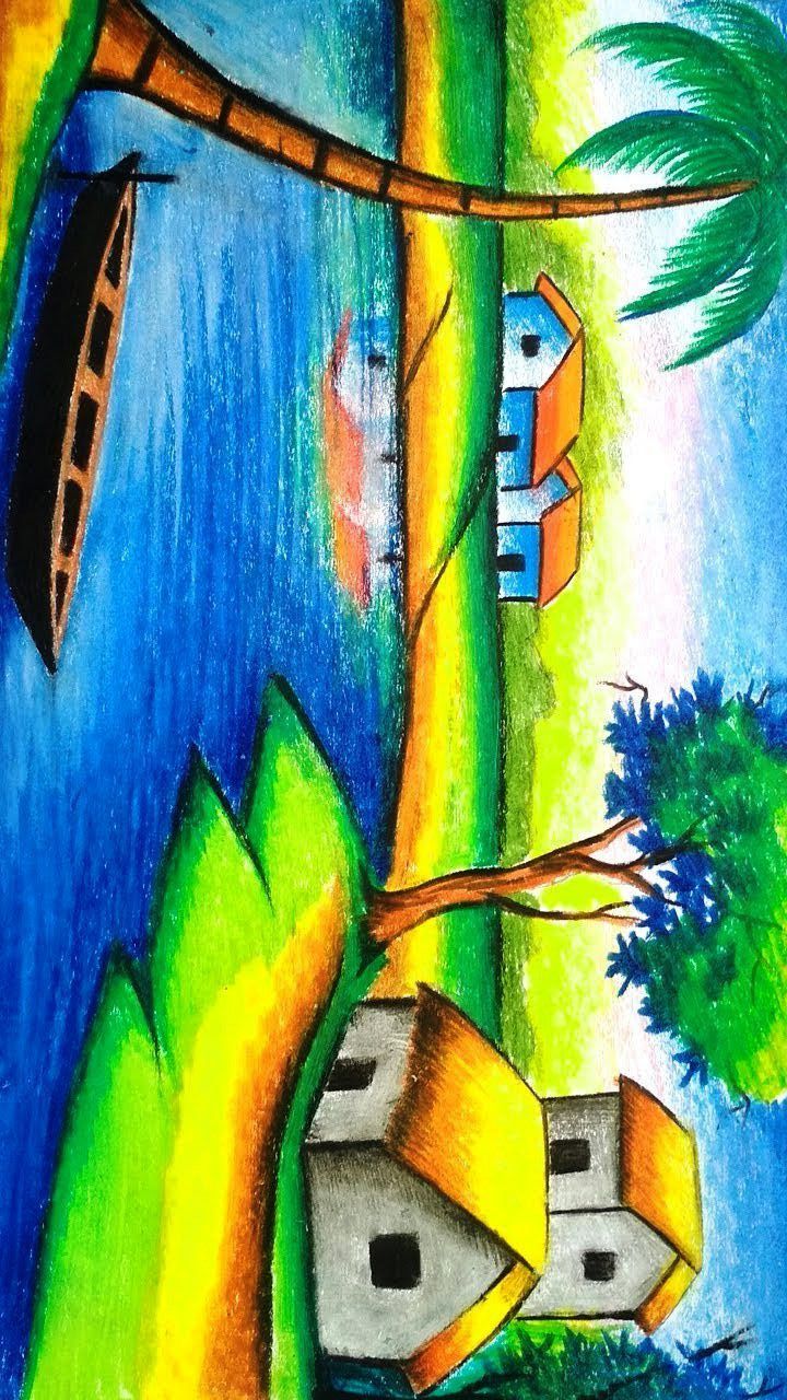 this is a drawing of a house on the beach with palm trees and boats in the water