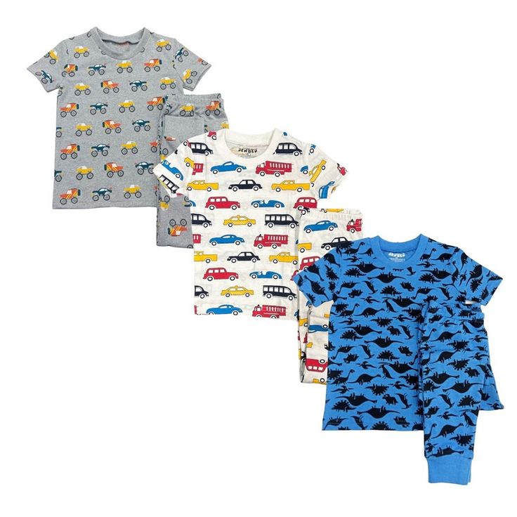 Wrap your little ones in the ultimate comfort with BenBen Apparel's soft pajamas. Crafted from the finest, breathable fabrics, our pajamas are designed to keep kids cozy and snug all night long. With a gentle touch against their skin, these pajamas provide the perfect balance of warmth and breathability, ensuring a peaceful night's sleep. Available in a range of delightful patterns and colors, our soft pajamas are as stylish as they are comfortable, making bedtime a dreamy experience for kids and parents alike Blue Short Sleeve Sets For Playwear, Crew Neck Cartoon Print Set For Playtime, Cartoon Print Crew Neck Set For Playwear, Playwear Sets With Cartoon Print And Crew Neck, Cartoon Print Crew Neck Playwear Set, Crew Neck Cartoon Print Playtime Set, Cartoon Print Playtime Set With Crew Neck, Cotton Dinosaur Print Sets With Short Sleeves, Cotton Sets With Dinosaur Print And Short Sleeves