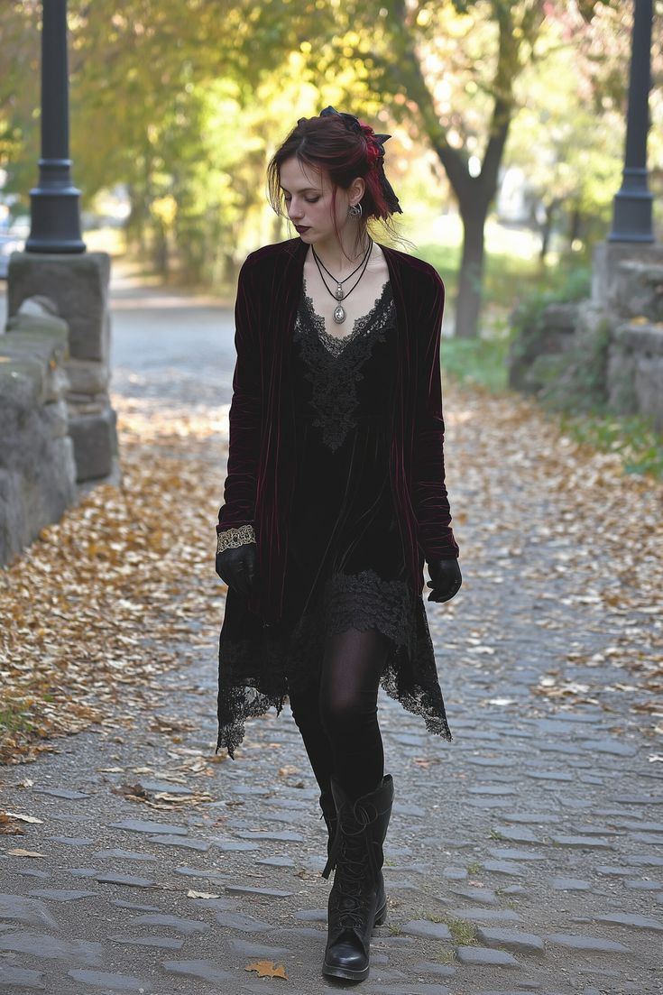 12 Soft Goth Fall Outfits to Perfect Your Autumn Style – fashionbylina.com Mysterious Aesthetic Outfit, Dark Academia Outfit Casual, Goth Boots Aesthetic, Goth Boots Outfit, Goth Mom Aesthetic, Goth Mom Outfits, Witchy Clothes Aesthetic, Goth Fall Outfits, Fairy Goth Aesthetic