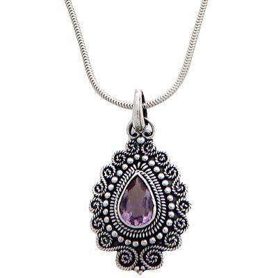 Amethyst pendant necklace, 'Queen of Bali' - Sterling Silver and Amethyst Pendant Necklace (image 2d) Ornate Sterling Silver Oval Pendant Necklace, Purple Necklaces With Intricate Design For Gift, Purple Necklace With Intricate Design For Gift, Purple Pendant Necklace With Filigree, Spiritual Silver Necklaces With Gemstone Accents, Spiritual Silver Necklace With Gemstone Accents, Purple Filigree Pendant Necklace, Purple Intricate Design Necklace For Gift, Engraved Sterling Silver Purple Necklace