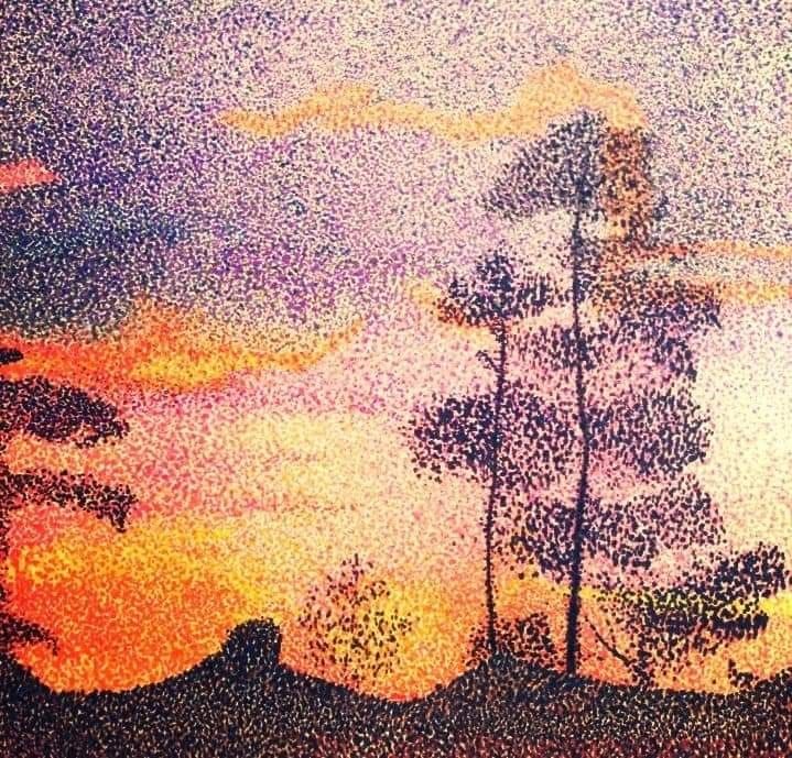 an artistic painting of trees and clouds in the sky at sunset or dawn with colors changing