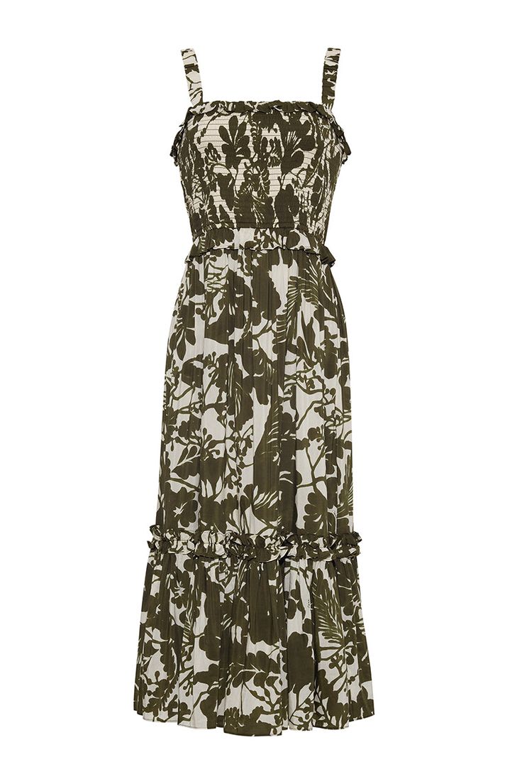 a women's dress with floral print on the front and side, in dark green