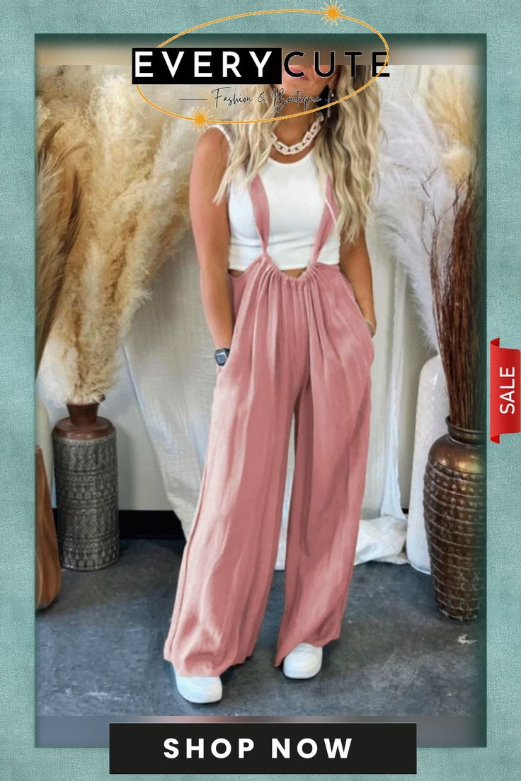 Women's Solid Casual Loose Wide-leg Suspender Jumpsuit High Waist Jumpsuits And Rompers With Pockets For Beach, Beach High Waist Jumpsuits And Rompers With Pockets, Strapless Wide Leg Jumpsuit With Pockets For Summer, Spring Wide Leg Overalls With Suspenders, Summer Strapless Wide Leg Jumpsuit With Pockets, Wide Leg Overalls For Summer, Wide Leg Bottoms With Suspenders For Summer, High Waist Bottoms With Suspenders For Summer, Summer Jumpsuits And Rompers With Suspenders In Overall Style