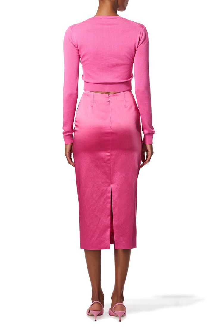 Carolina Herrera long sleeve cardigan in rose. 55%SE 45%CO Dry Clean Made in China Cardigan Outfits, Sleeve Cardigan, Sleeveless Mini Dress, China Fashion, Cardigan Tops, Carolina Herrera, Made In China, Long Sleeve Cardigan, Spring Collection