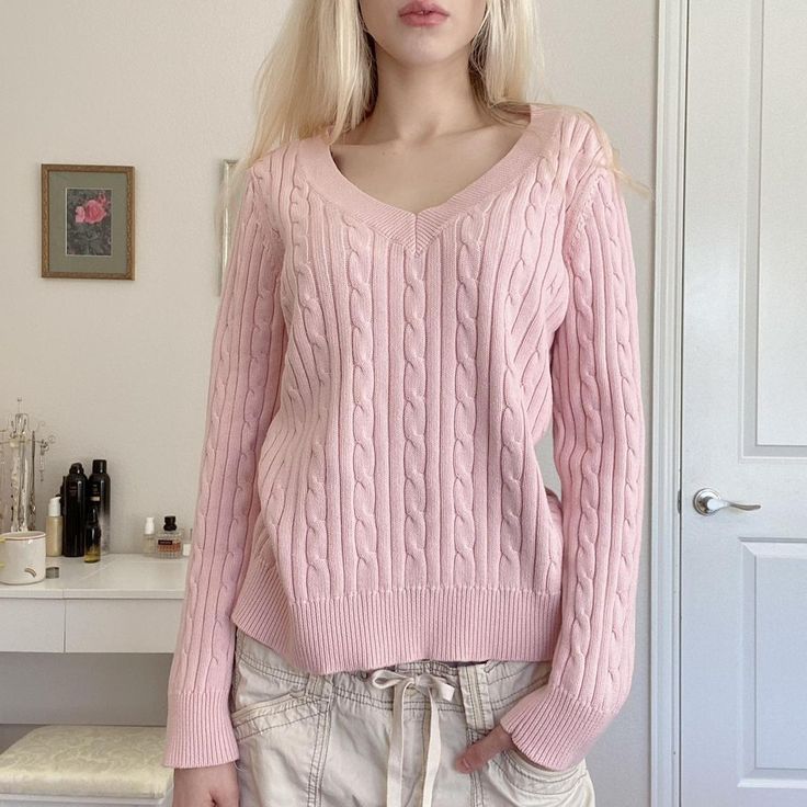 6th Form Outfits, Pink Cable Knit Sweater, Knitted Long Sleeve, Pink Knit Sweater, Logo Emblem, Crop Top Sweater, Feminine Outfit, Basic Outfits, Cute Skirts